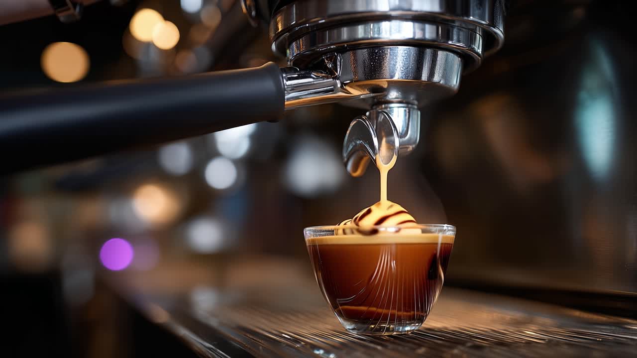 Rich espresso pours into a small glass cup. Steam rises gently as coffee flows. Dark liquid glistens under warm lighting. Barista's hands remain unseen, focused on craft