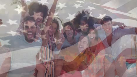 animation of diverse friends at beach over flag of usa