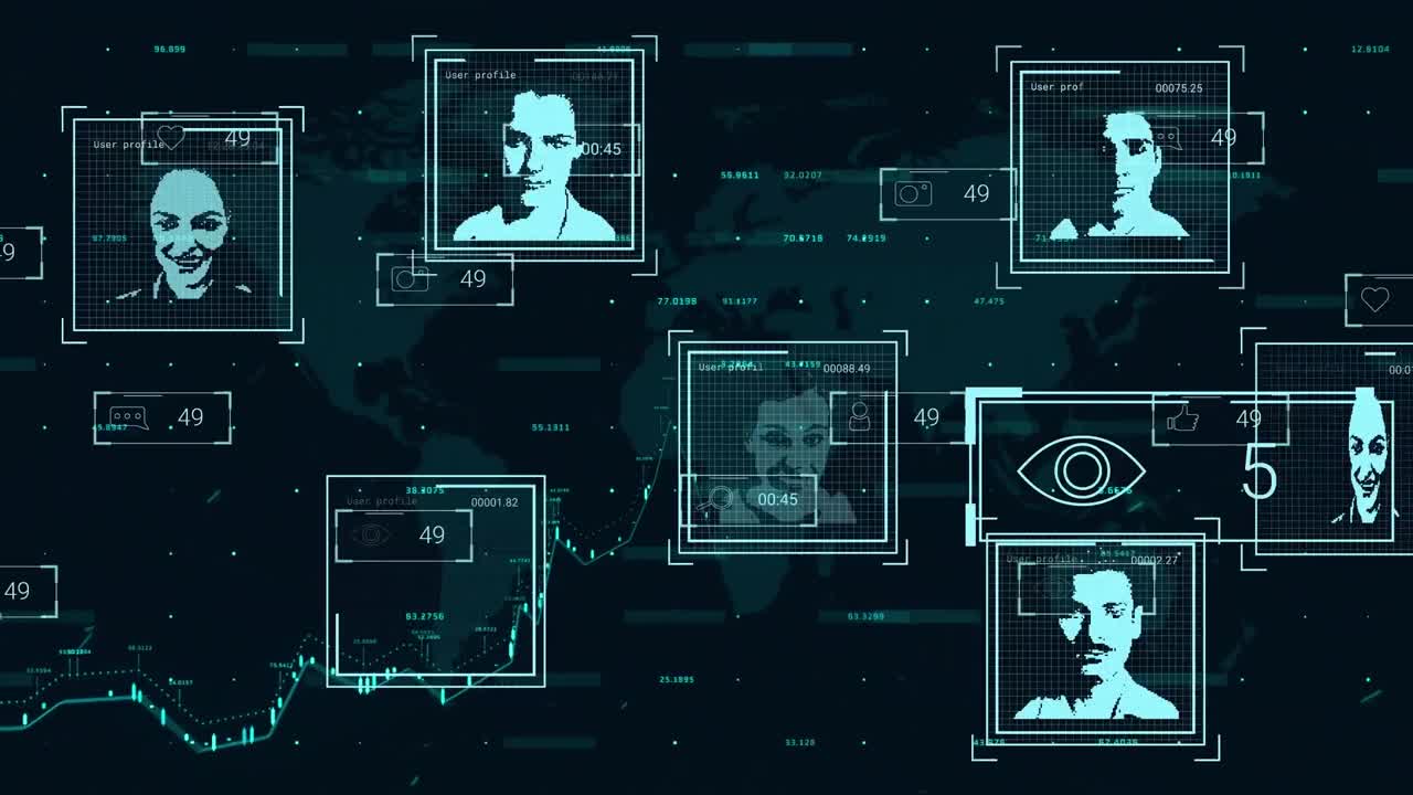 Animation of user photos, social media reactions, digital padlock on black background