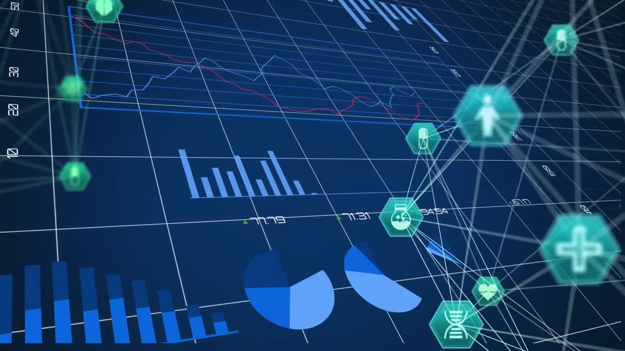 Animation of globes of medical icons spinning and statistical data processing on blue background