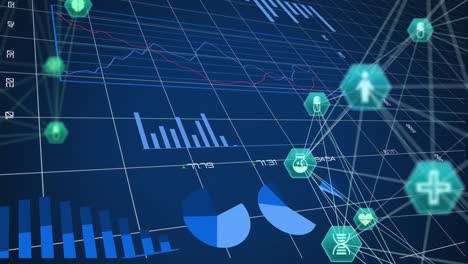 Animation-of-globes-of-medical-icons-spinning-and-statistical-data-processing-on-blue-background