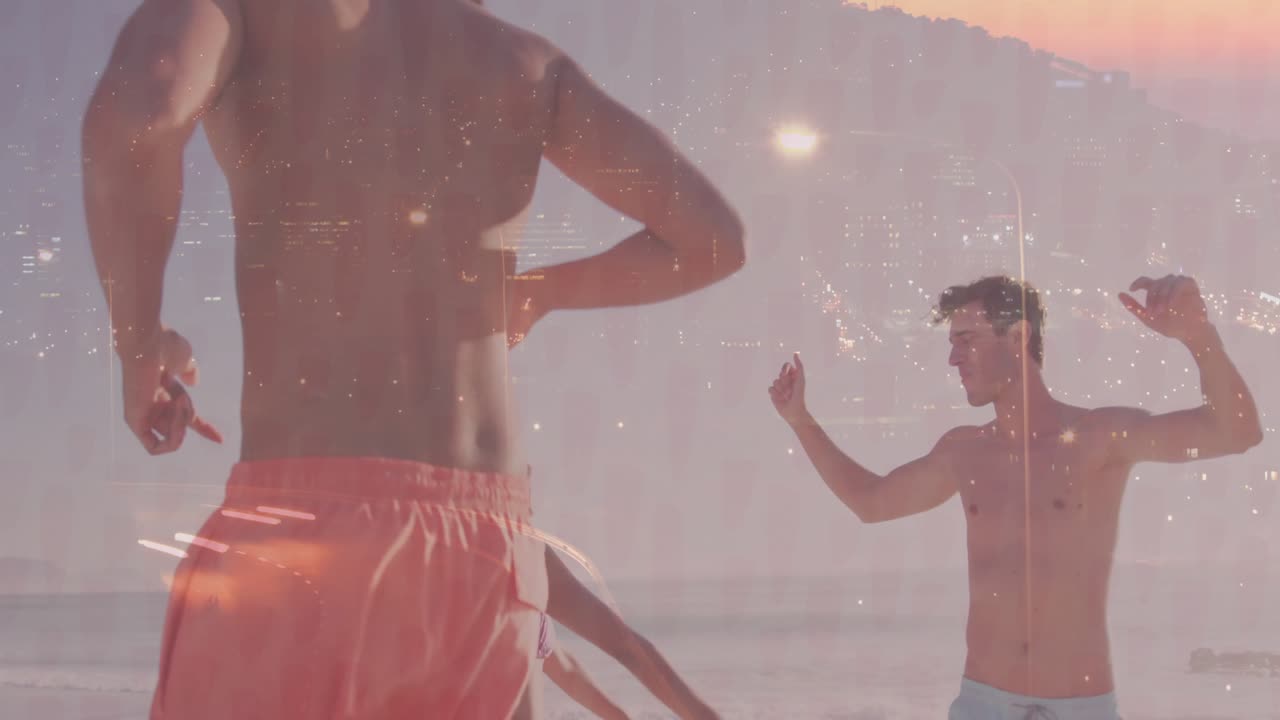 Travel shirtless man leading dance steps on sunset shore, urging friends joining with light overlay