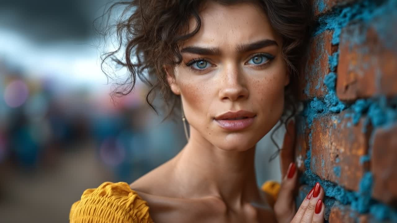 Donna sorpresa con capelli ricci che si copre la bocca con le mani su uno sfondo di muro di mattoni.