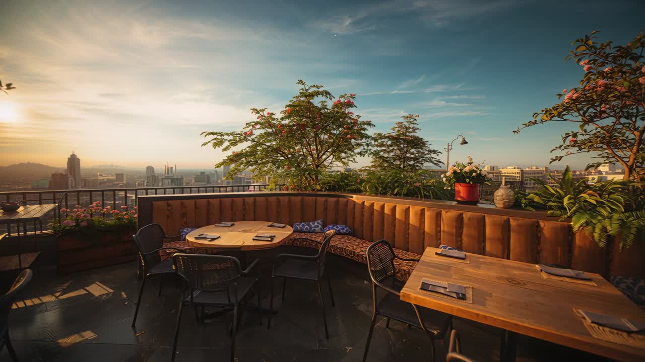 Cámara panorámica que muestra una banqueta curva y mesas de madera en una terraza en la azotea, destacando el área de comedor