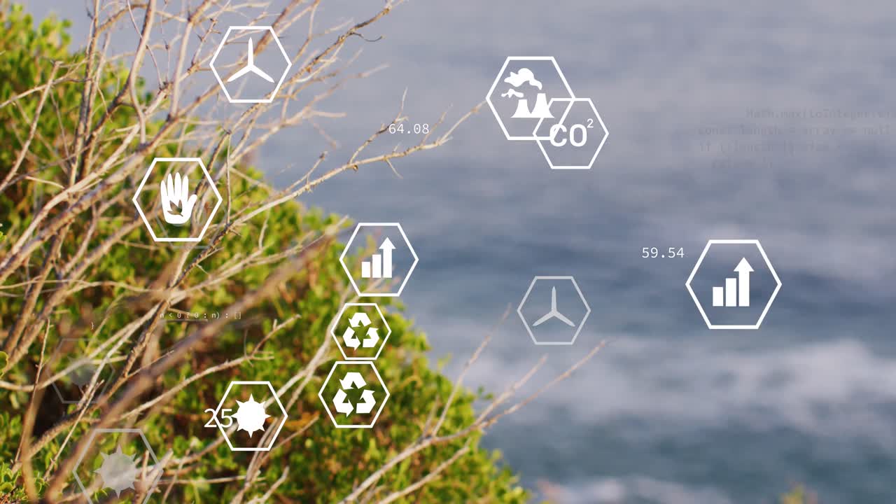 animación de iconos de sostenibilidad y ecología sobre el paisaje