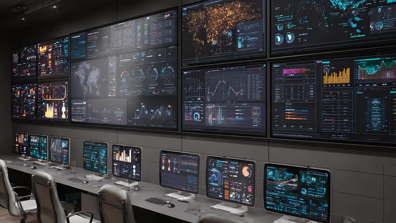 Ambiente avanzato di monitoraggio dati con schermi multipli, dashboard interattive e analisi per il processo decisionale e approfondimenti in tempo reale.