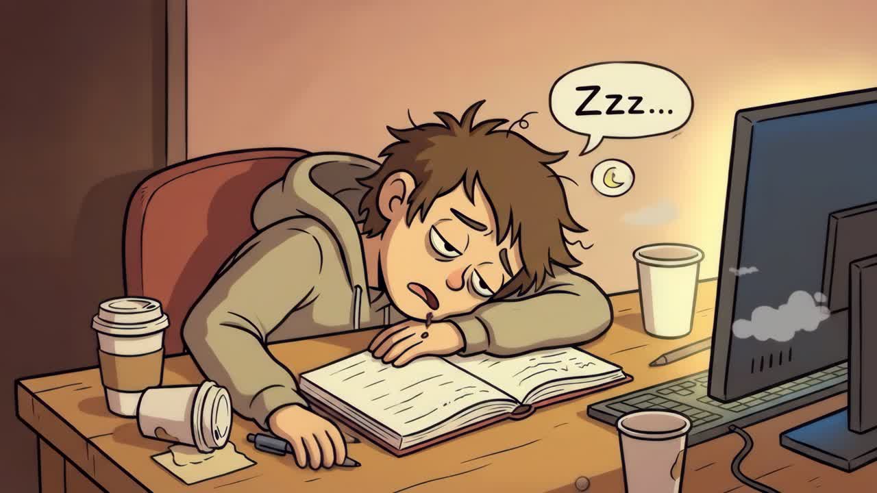 Sliten student som sover på pulten mens han studerer sent