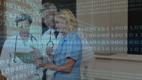 animation of binary coding data processing over caucasian doctors