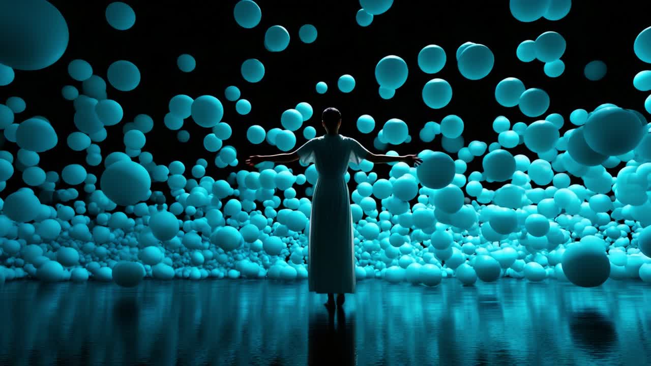 A mesmerizing visual display of blue illuminated spheres surrounding a figure in a flowing white dress, showcasing a surreal blend of light and shadow in an enchanting atmosphere of tranquility and wonder