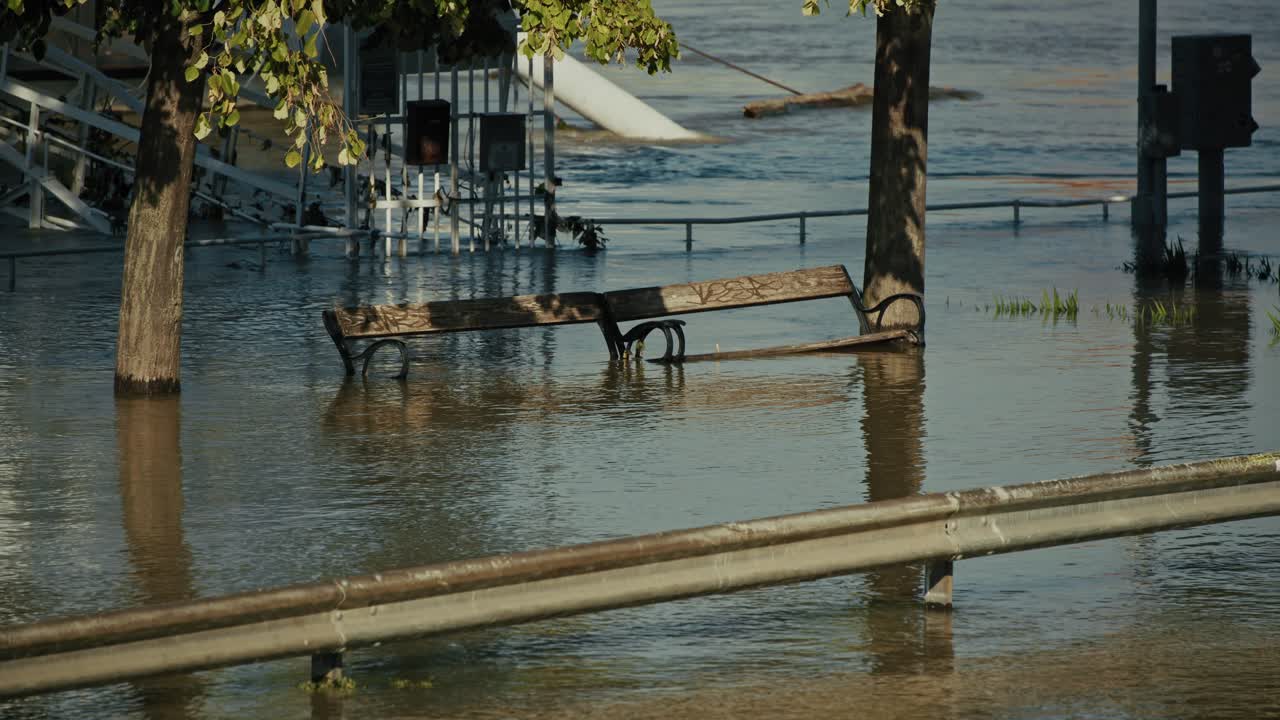 Park Benches Submerged in Floodwaters