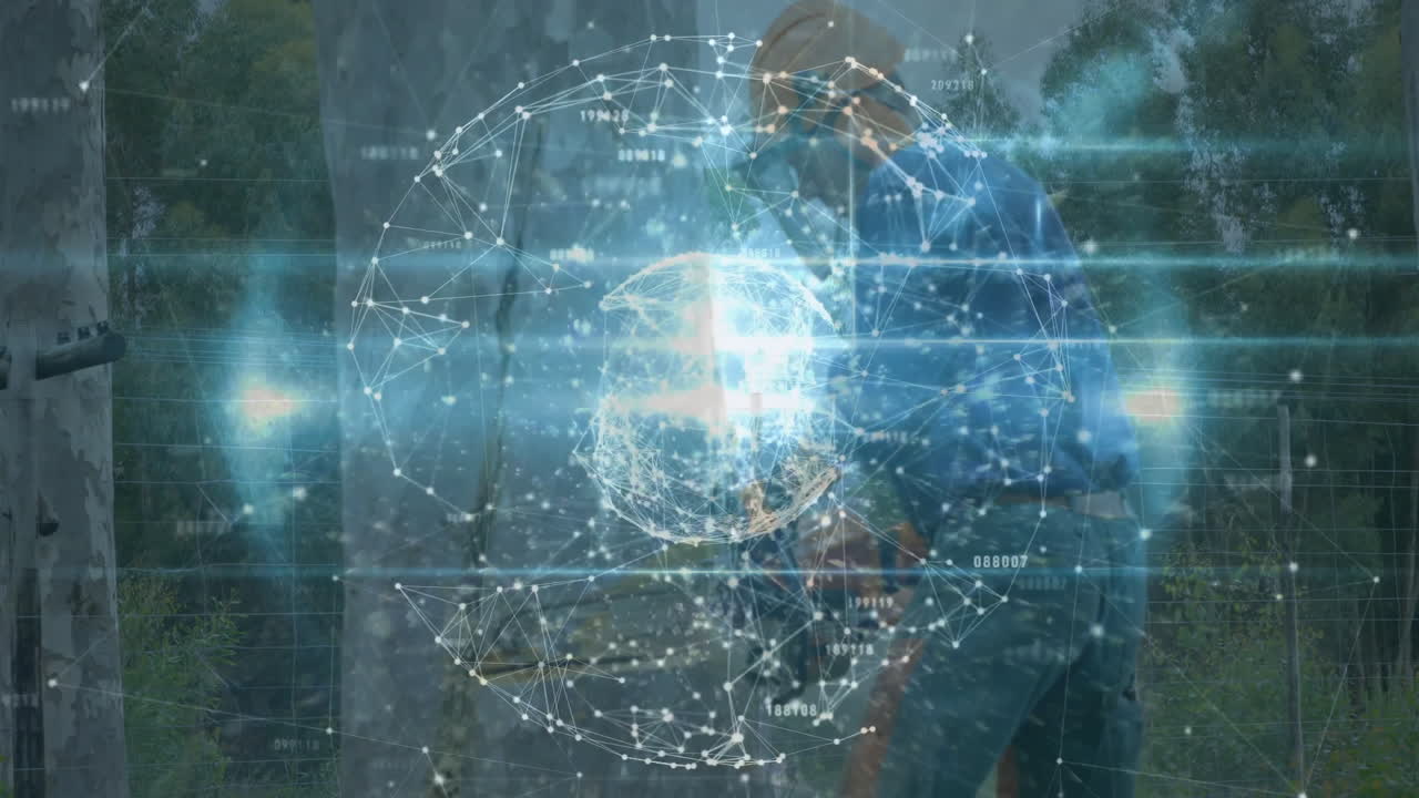 Cowboy-hat man leaning on fence, interacting with hologram sphere, showcasing rural tech
