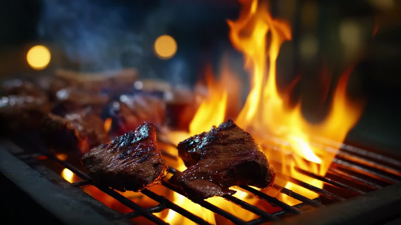 Sizzling Flames and Glorious Grilling: A Captivating Display of Juicy Meats and Mesmerizing Fire at an Outdoor Barbecue, Bringing the Aromas of Deliciously Charred Barbecue Flavors to Life