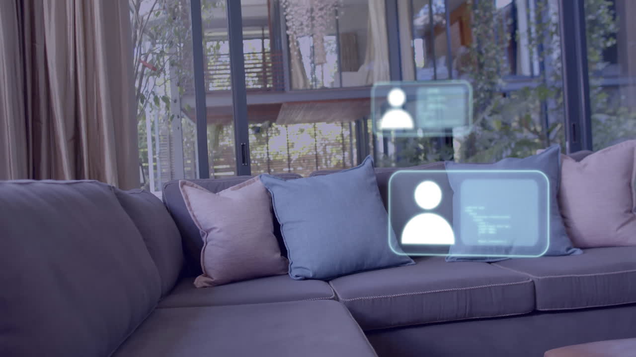 Profilikoner og dataanimation over moderne stue med store vinduer.