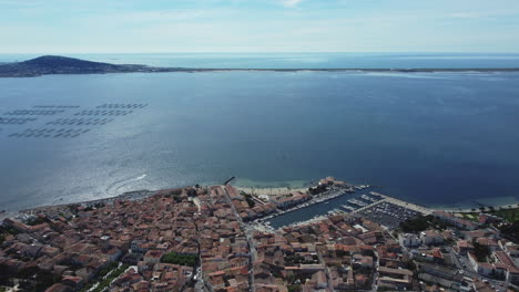 aerial view of a coastal town with harbor and marina in southern france
