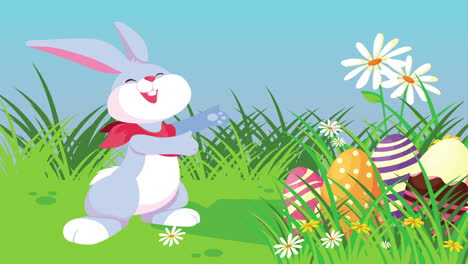 feliz tarjeta de pascua con conejo lindo y huevos pintados en el campamento