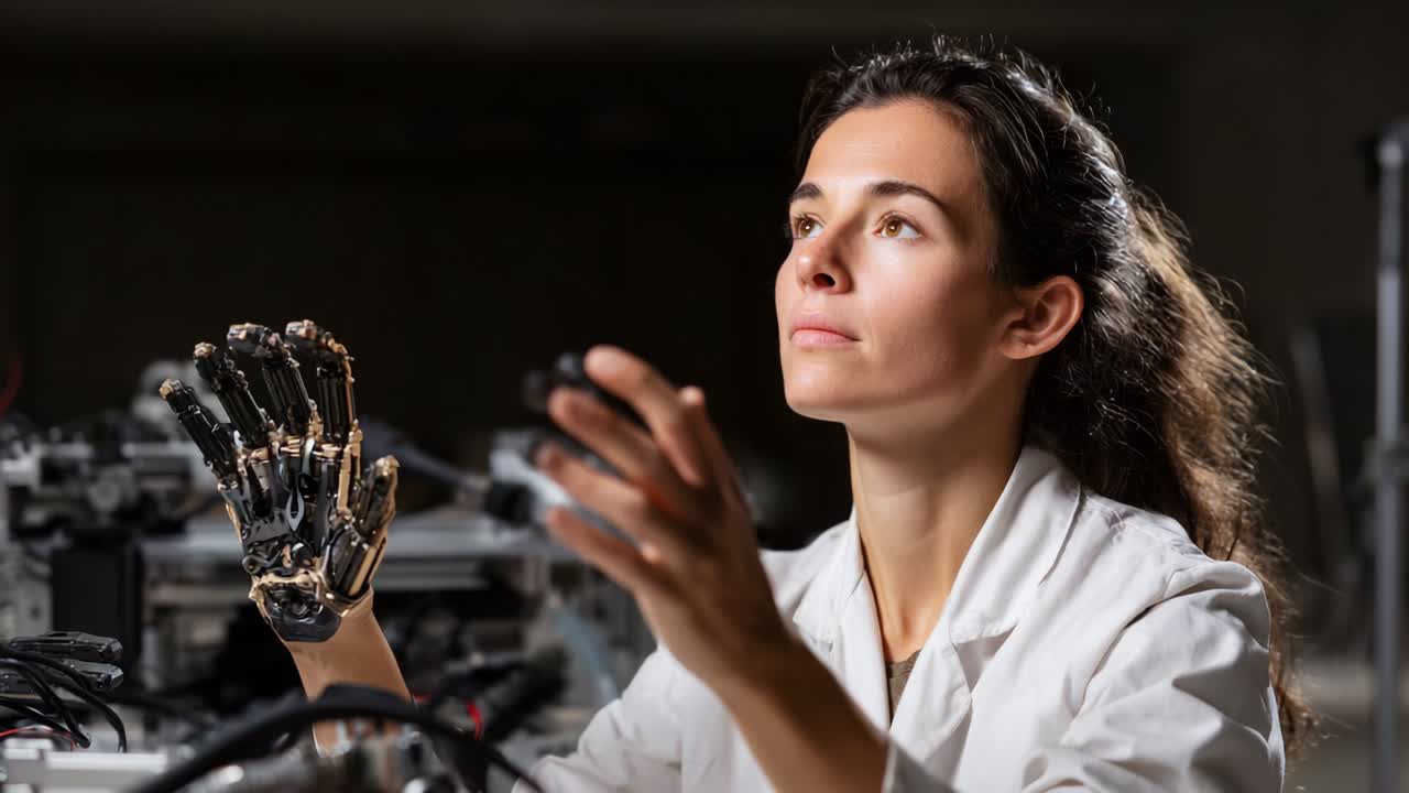 A woman in a lab coat demonstrates her innovative robotic hand, showcasing the convergence of human ingenuity and advanced technology in the field of robotics, engineering, and artificial intelligence