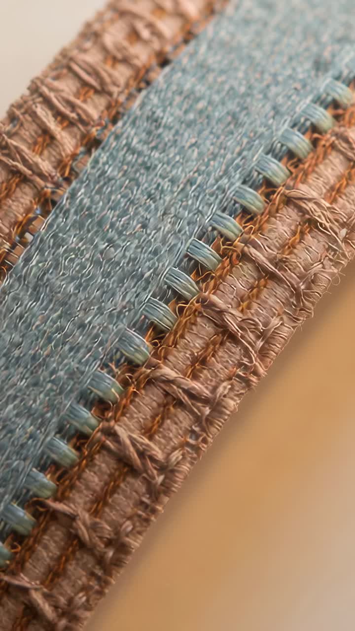 Video verticale: Obiettivo macro che si sposta, rivelando una fascia intrecciata su uno sfondo morbido, catturando la trama delle cuciture.