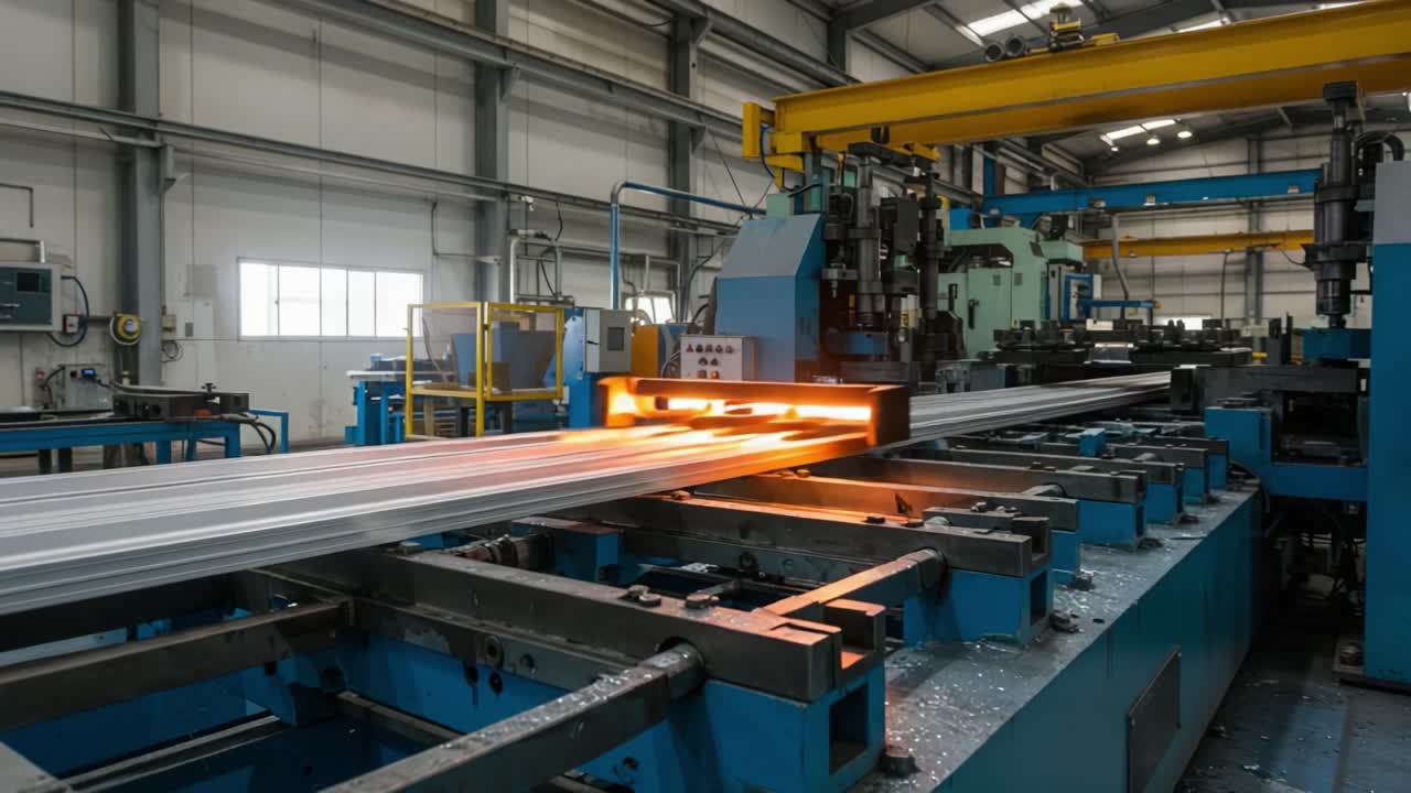 Industrial Manufacturing Process of Heated Metal Bars on a Machinery Line with Advanced Robotic Arms Creating Precision Components in a Modern Factory Setting