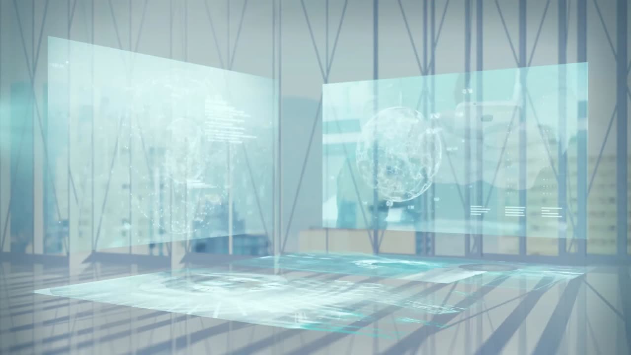 현대적인 건물과 도시 풍경 위의 화면에서 데이터 처리의 애니메이션