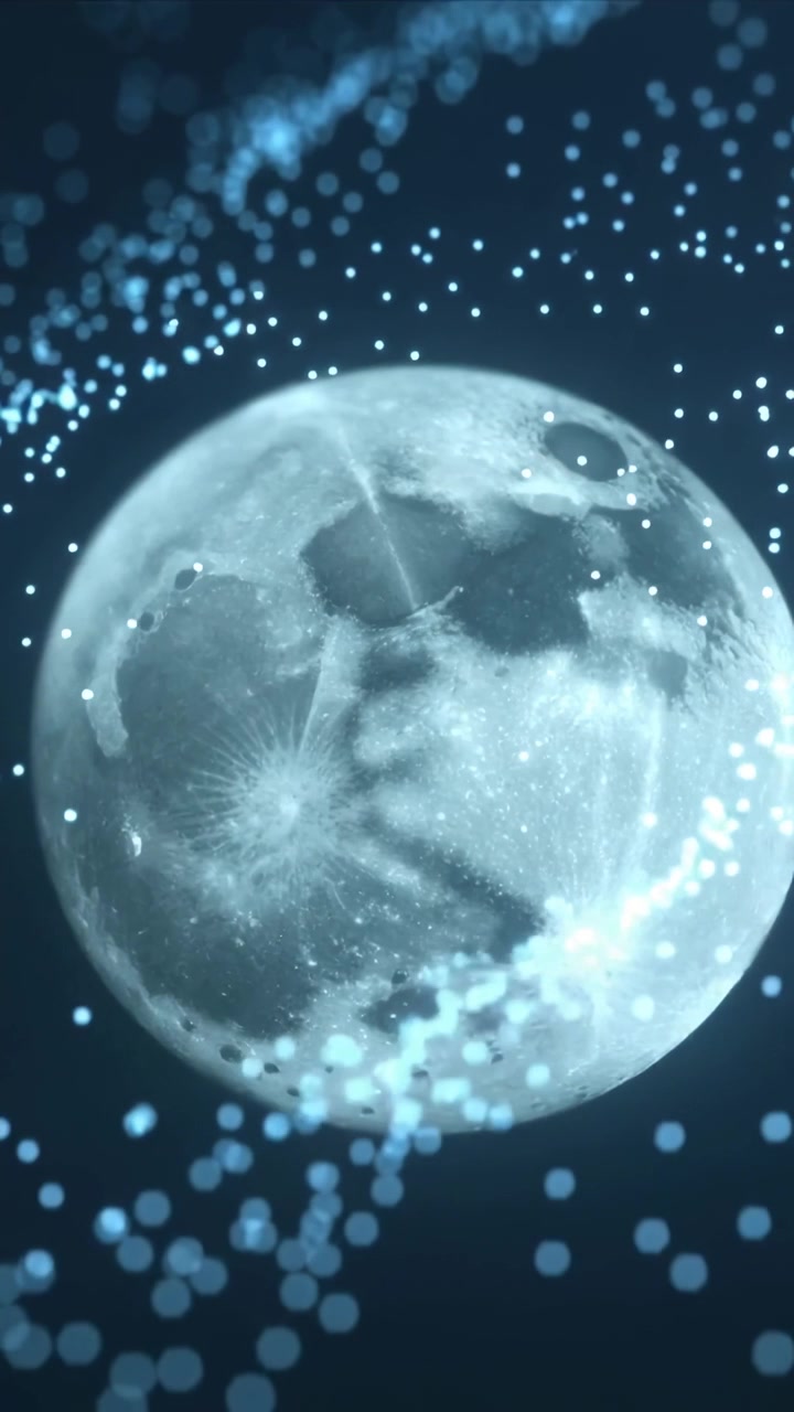 Video verticale: Particelle in streaming che si formano da una scia nel cielo blu notte, attraversando la luna piena aggiungendo profondità.