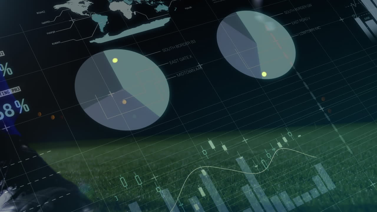 Animation of data processing over football at sports stadium