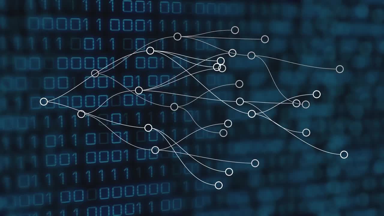 Animation of connections and binary code on black background