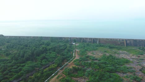 Aerial-drone-shot-of-a-Irrigation-dam-in-Gwalior-,-India
