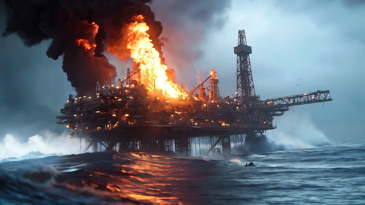 En olieboreplatform midt i havet i brand