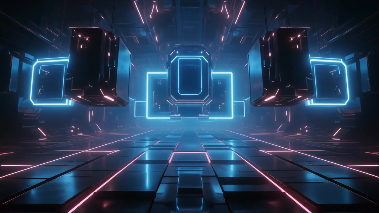Futuristic Sci-Fi Corridor with Glowing Neon Blue and Pink Lights