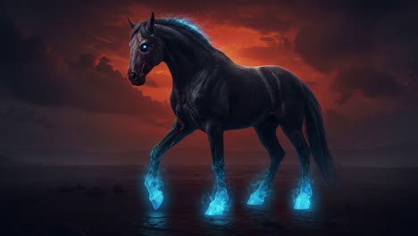 a mystical black horse with glowing blue hooves gallops across a fiery sunset landscape, emanating an ethereal aura of enchantment and power