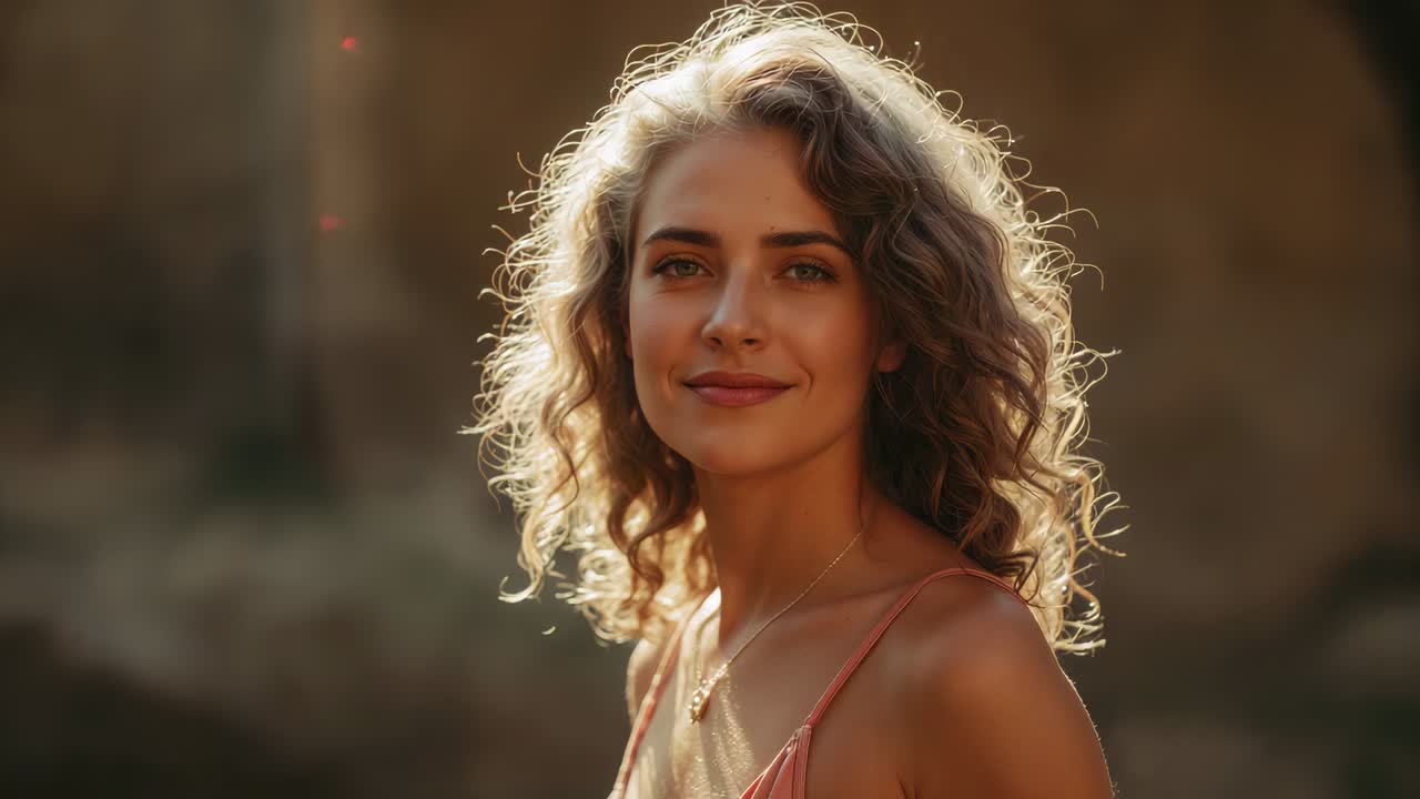 Mulher mantendo contato visual e inclinando a cabeça enquanto a câmera grava em falésias ensolaradas, usando blusa coral e pingente dourado