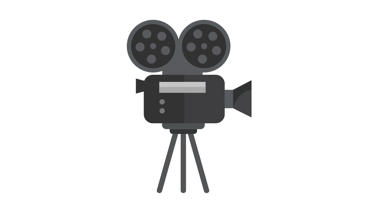 Animazione 2D di una cinepresa retrò che si monta su un treppiede
