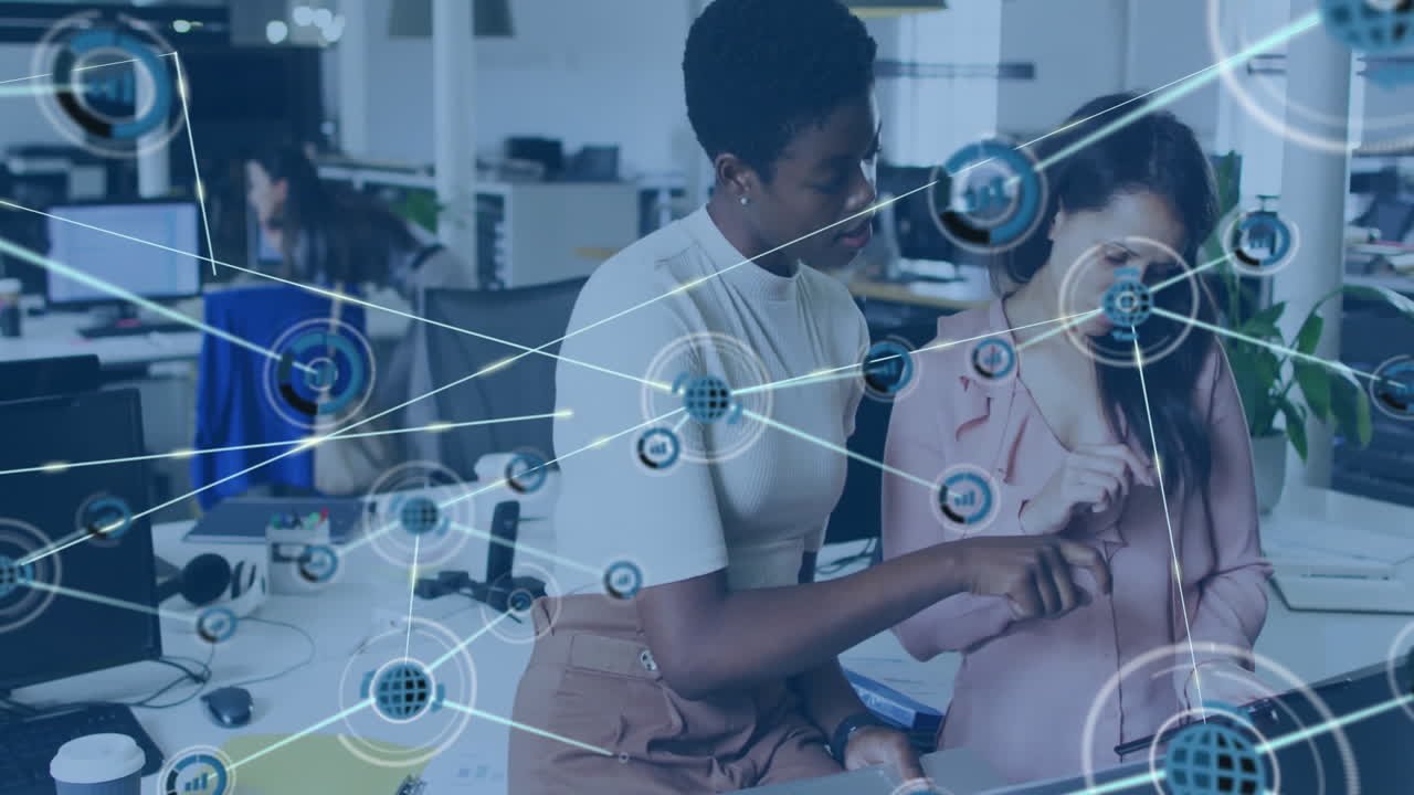 Data processing animation over diverse business people networking in office