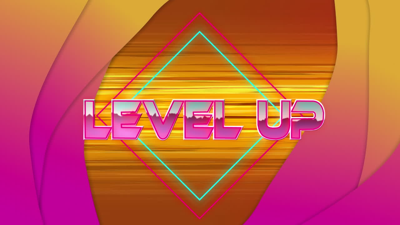 오렌지색 배경 위에 모양을 가진 레벨 업 텍스트의 애니메이션