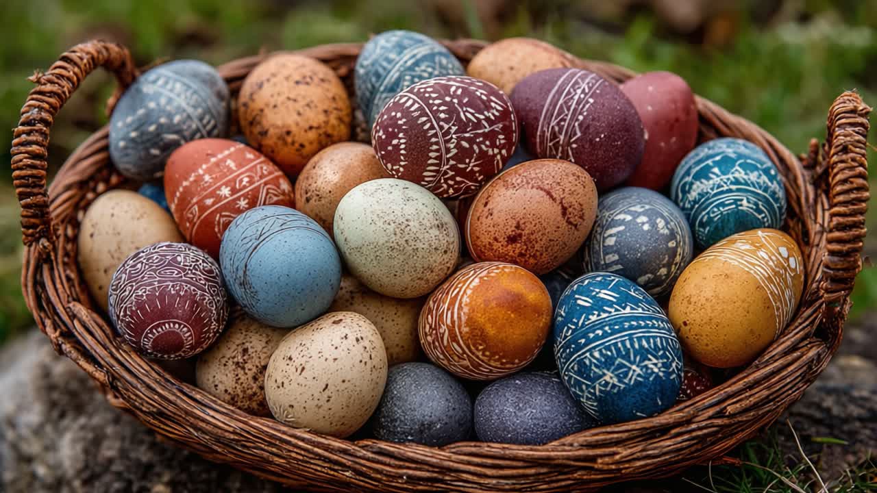 Uma bela cesta repleta de ovos coloridos pintados à mão, exibindo designs intrincados perfeitos para celebrar festividades sazonais.