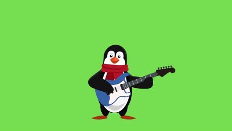 cartoon little penguin flat christmas character play electric guitar animation includes matte