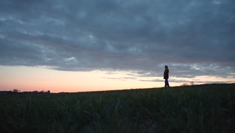 Mädchen,-Das-Auf-Einem-Feld-Steht-Und-Bei-Sonnenuntergang-In-Die-Ferne-Blickt