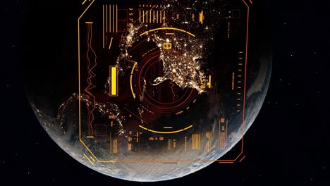 planet earth view from space with holographic infographics and usa united states light pollution maps main smart city capital vertical