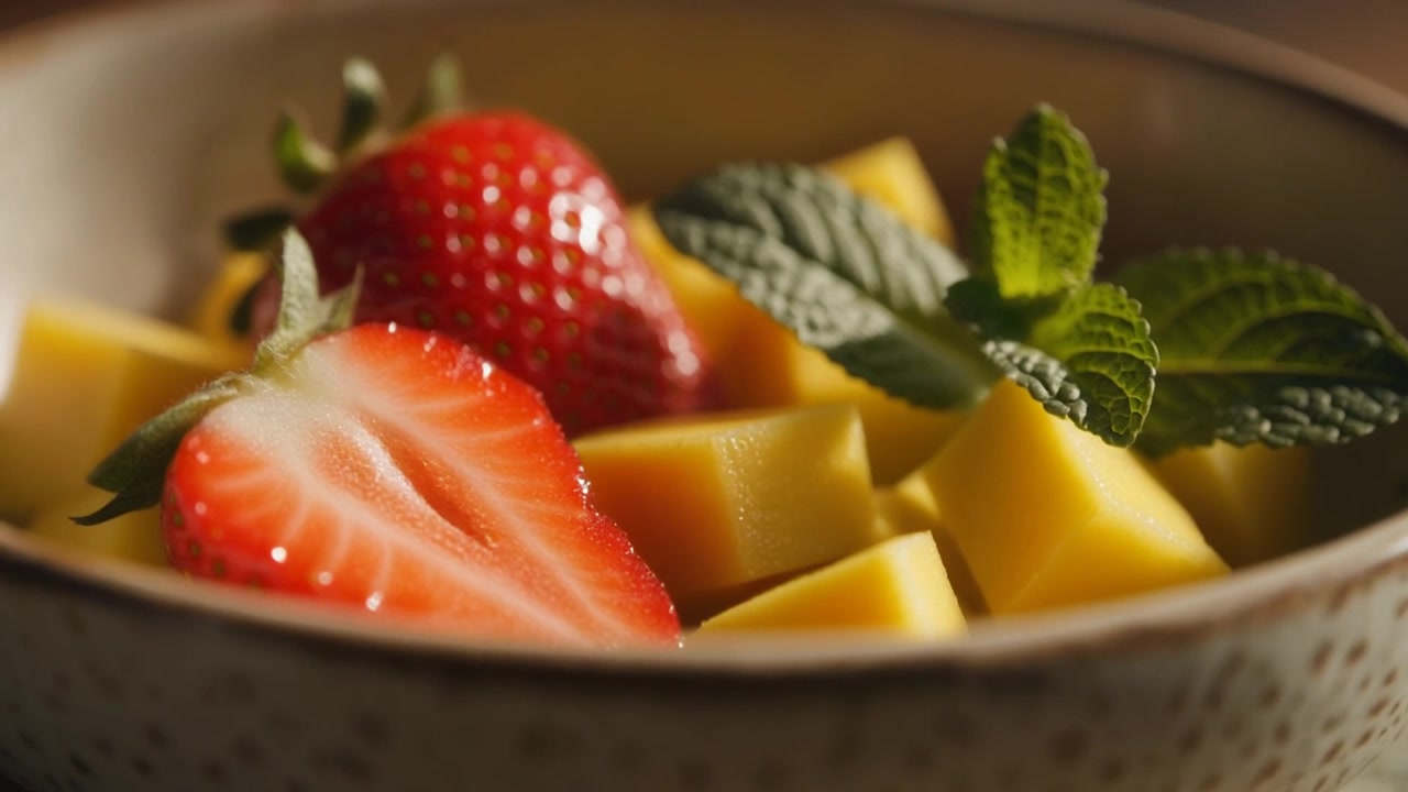 Macedonia fresca di fragole e mango in una ciotola di ceramica