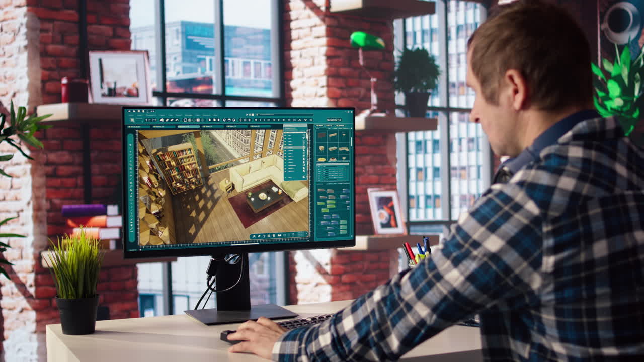 hombre haciendo trabajo remoto en la pantalla de la computadora, moviendo activos en software 3d