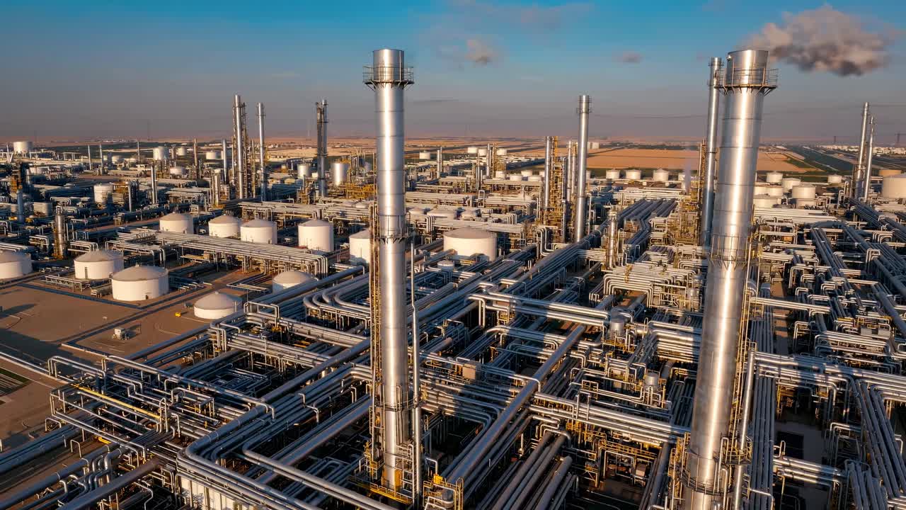 Aerial video captures a sprawling industrial complex with towering chimneys and intricate pipelines