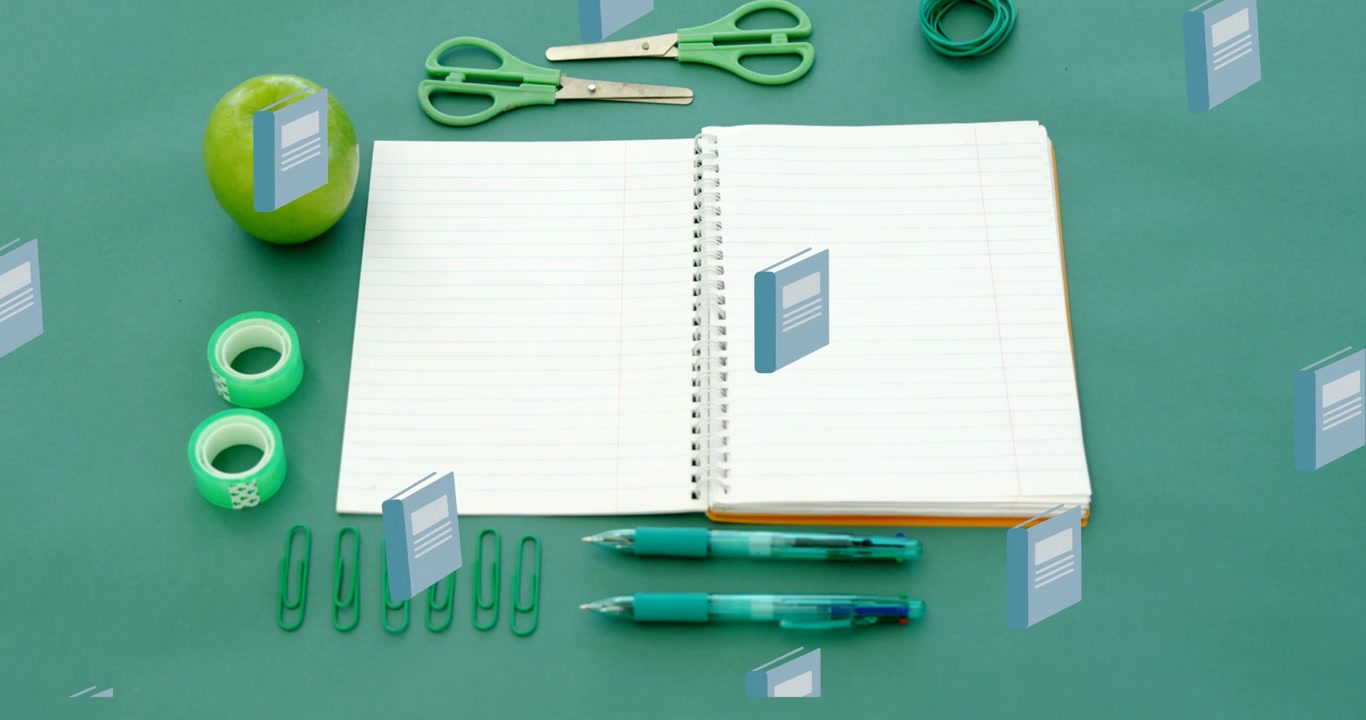 Animation of blue schoolbooks moving over notebook and school stationery on desk