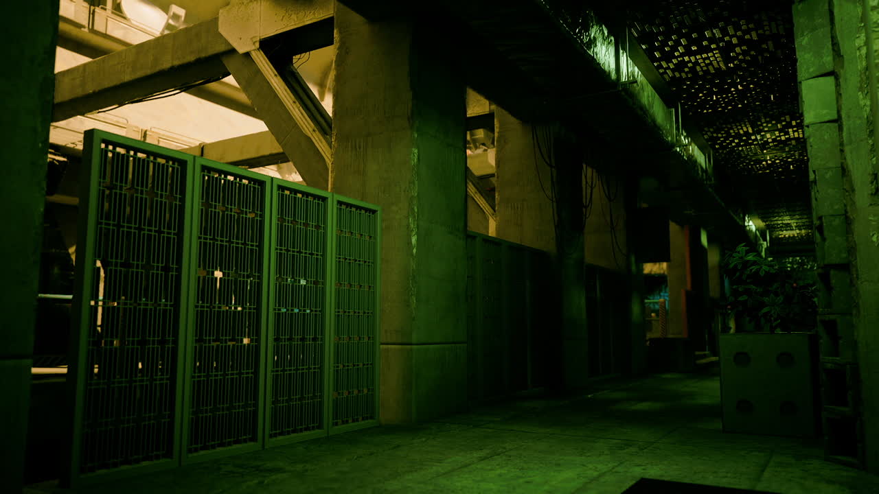 pasillo débilmente iluminado con puertas verdes