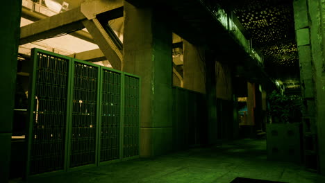 dimly lit hallway with green doors