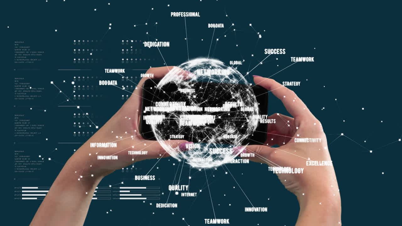 스마트 폰을 들고 있는 사람 위에 비즈니스 텍스트와 연결된 네트워크의 전지구의 애니메이션