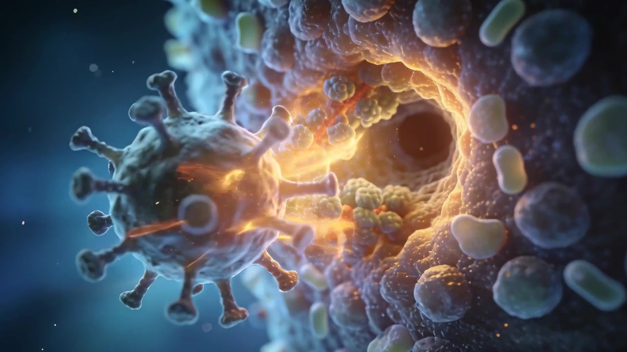 Virus med pigge nærmer sig og binder sig til værtscellens receptorer ved membranen, hvilket forårsager fusion og indtrængen
