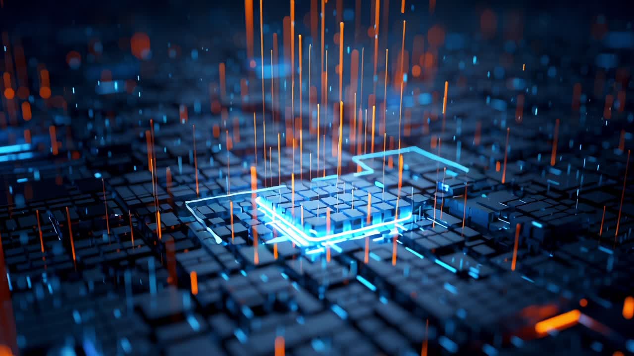 An abstract visualization of a futuristic microchip processing data, illustrating the intricate patterns and vibrant colors of technology in a digital landscape