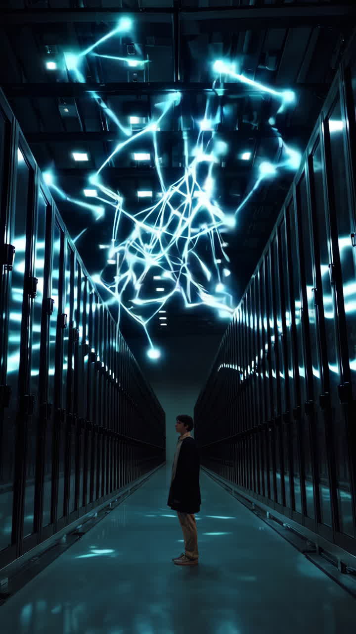 Person in a Data Center with Network Connections