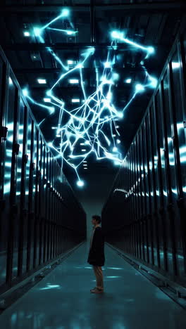 person in a data center with network connections