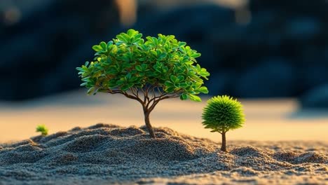 green trees growing in sandy soil. two vibrant trees emerge from sandy ground, showcasing resilience and life in a serene natural setting.